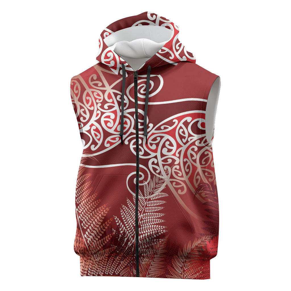 Aotearoa Maori Koru Curves Sleeveless Zip Hoodie Silver Ferns - Crimson Red