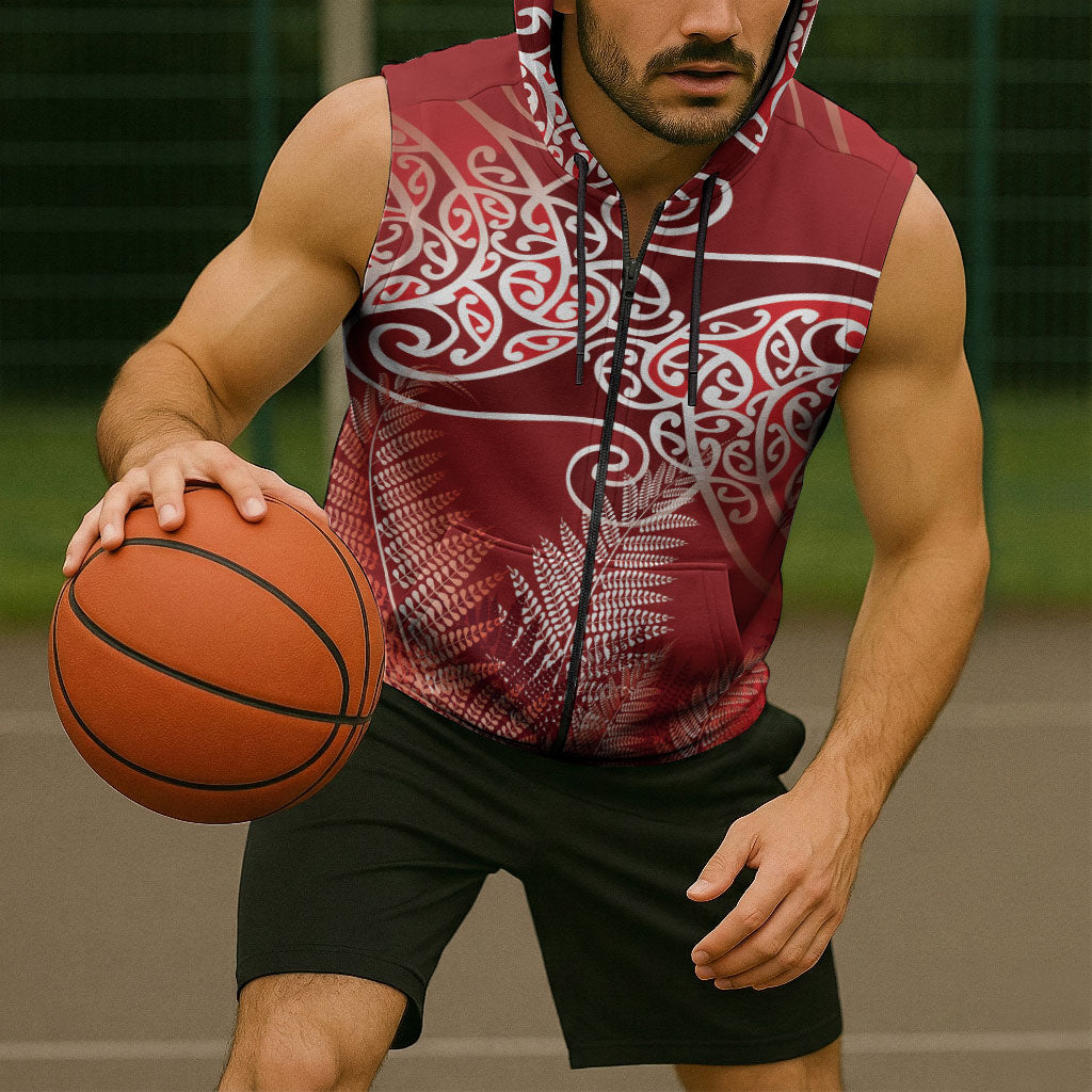 Aotearoa Maori Koru Curves Sleeveless Zip Hoodie Silver Ferns - Crimson Red