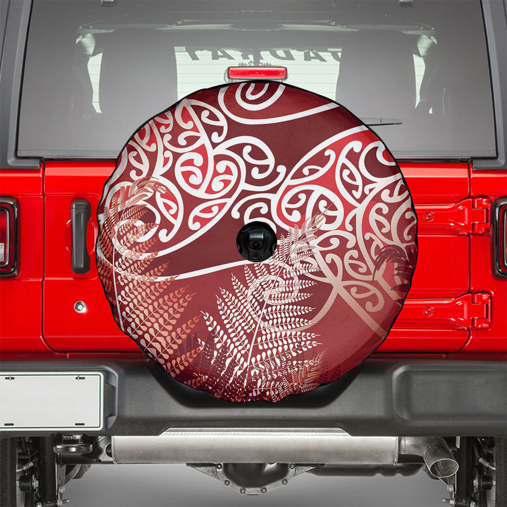 Aotearoa Maori Koru Curves Spare Tire Cover Silver Ferns - Crimson Red
