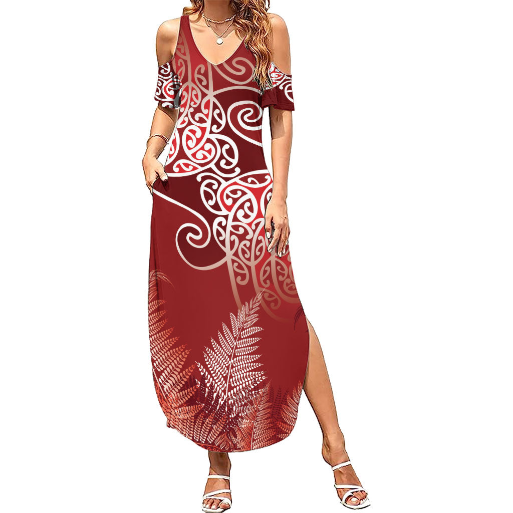 Aotearoa Maori Koru Curves Summer Maxi Dress Silver Ferns - Crimson Red