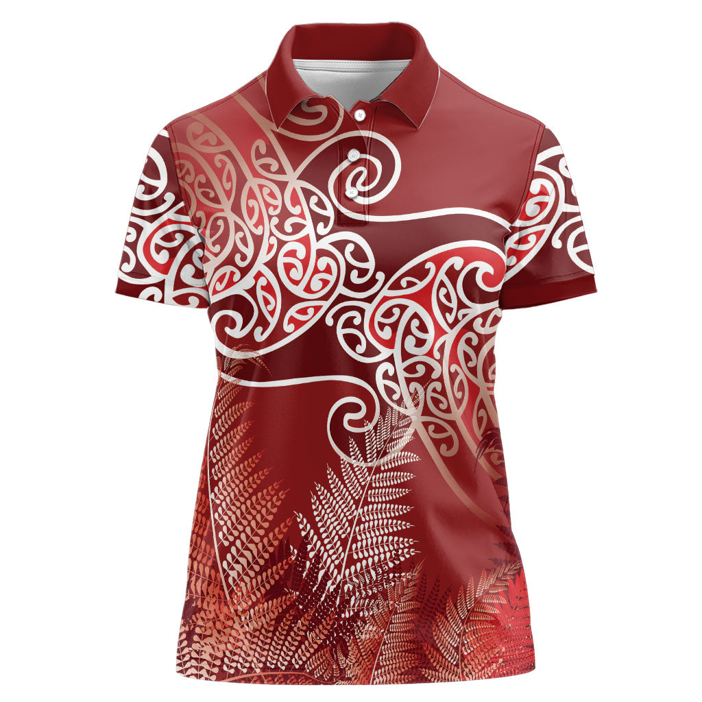Aotearoa Maori Koru Curves Women Polo Shirt Silver Ferns - Crimson Red