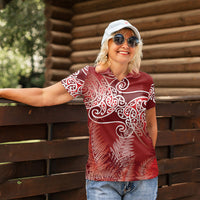 Aotearoa Maori Koru Curves Women Polo Shirt Silver Ferns - Crimson Red