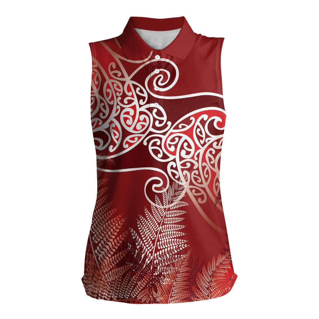 Aotearoa Maori Koru Curves Women Sleeveless Polo Shirt Silver Ferns - Crimson Red LT7 Female Red - Polynesian Pride