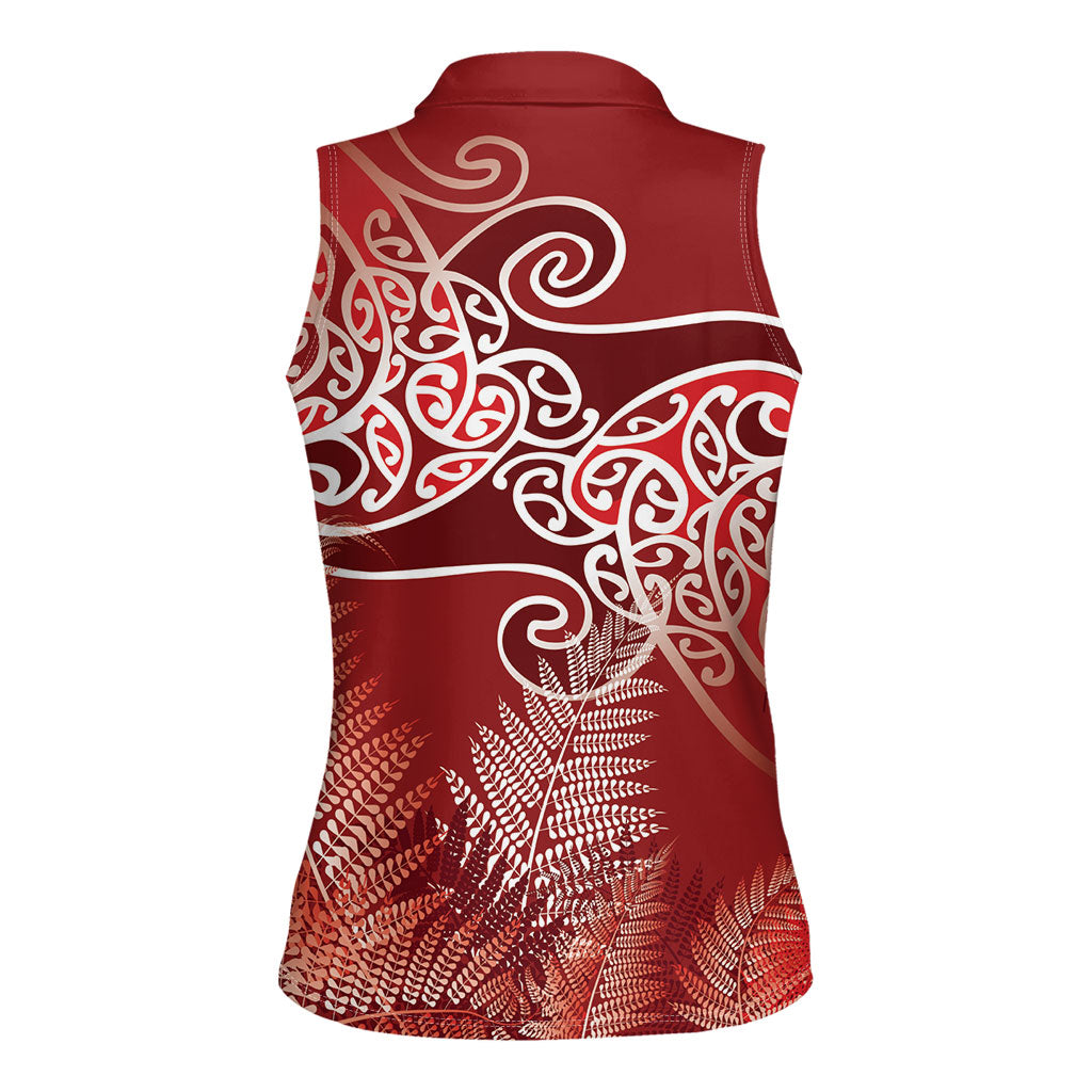 Aotearoa Maori Koru Curves Women Sleeveless Polo Shirt Silver Ferns - Crimson Red LT7 - Polynesian Pride