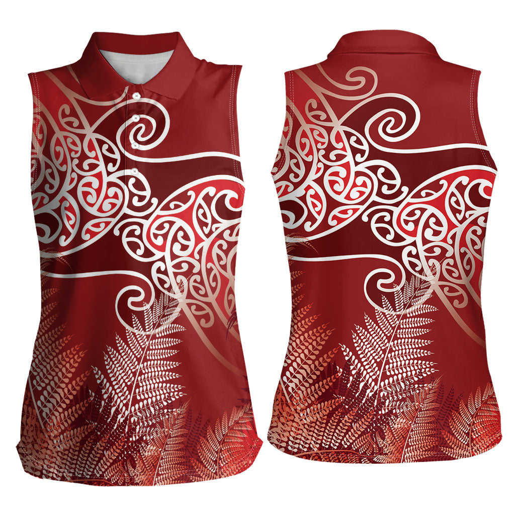 Aotearoa Maori Koru Curves Women Sleeveless Polo Shirt Silver Ferns - Crimson Red LT7 - Polynesian Pride