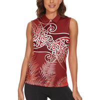 Aotearoa Maori Koru Curves Women Sleeveless Polo Shirt Silver Ferns - Crimson Red LT7 - Polynesian Pride