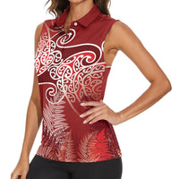 Aotearoa Maori Koru Curves Women Sleeveless Polo Shirt Silver Ferns - Crimson Red LT7 - Polynesian Pride