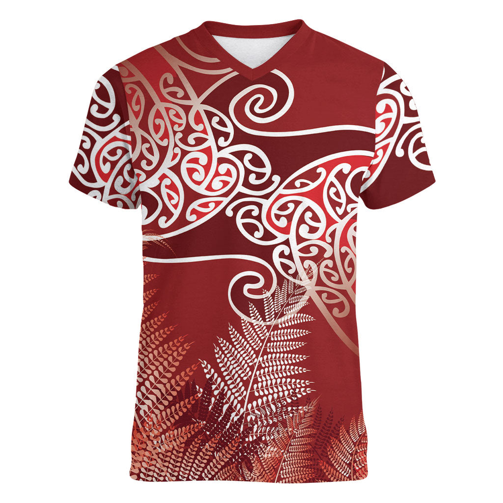Aotearoa Maori Koru Curves Women V-Neck T-Shirt Silver Ferns - Crimson Red