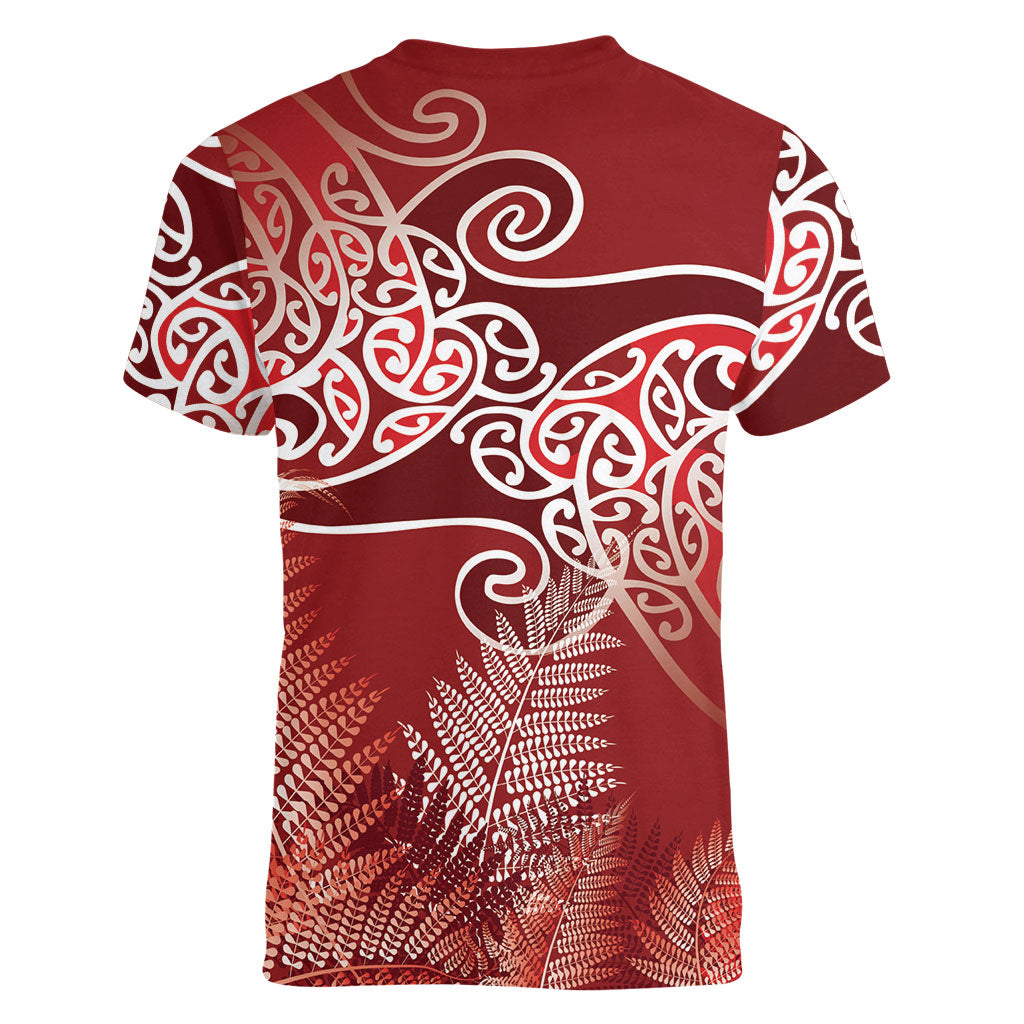 Aotearoa Maori Koru Curves Women V-Neck T-Shirt Silver Ferns - Crimson Red