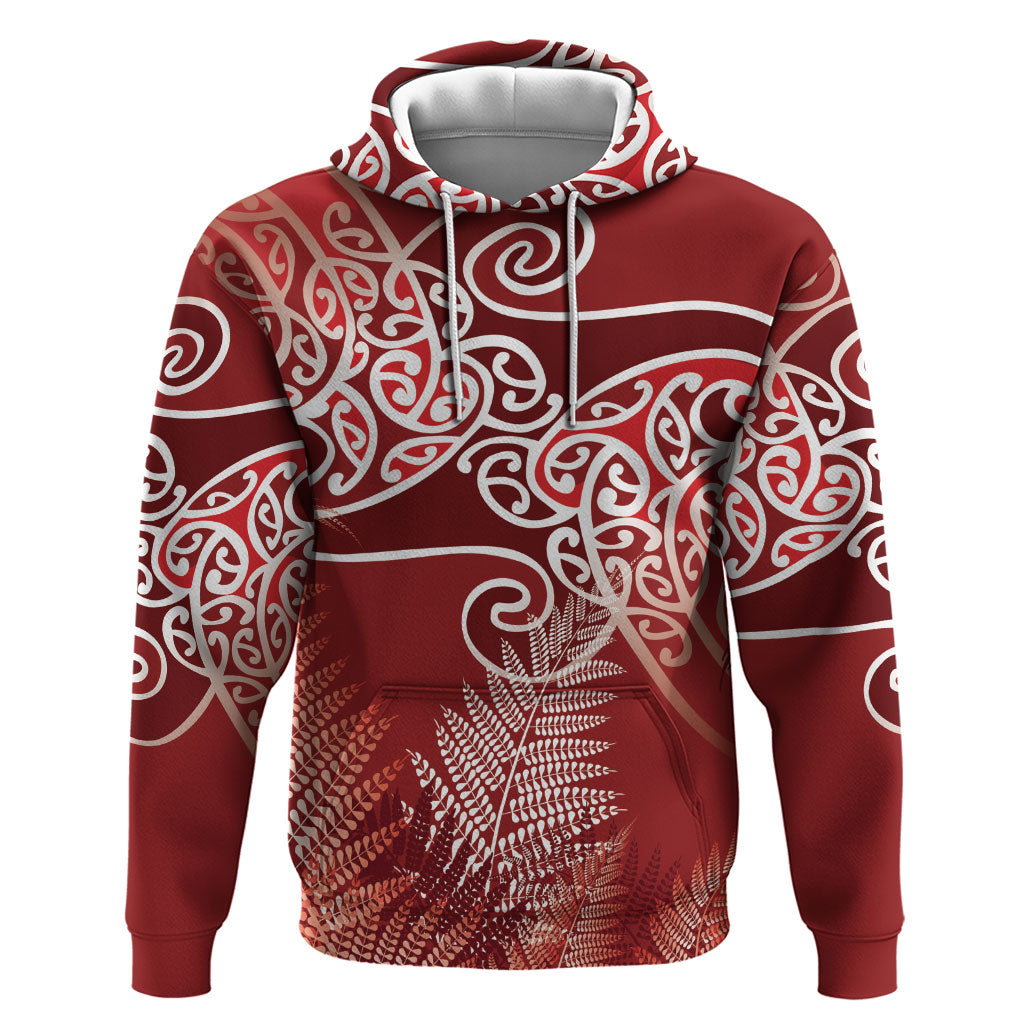 Aotearoa Maori Koru Curves Zip Hoodie Silver Ferns - Crimson Red