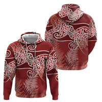 Aotearoa Maori Koru Curves Zip Hoodie Silver Ferns - Crimson Red
