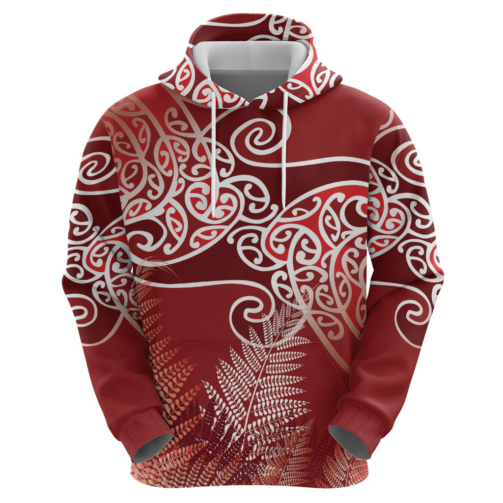 Aotearoa Maori Koru Curves Zip Hoodie Silver Ferns - Crimson Red