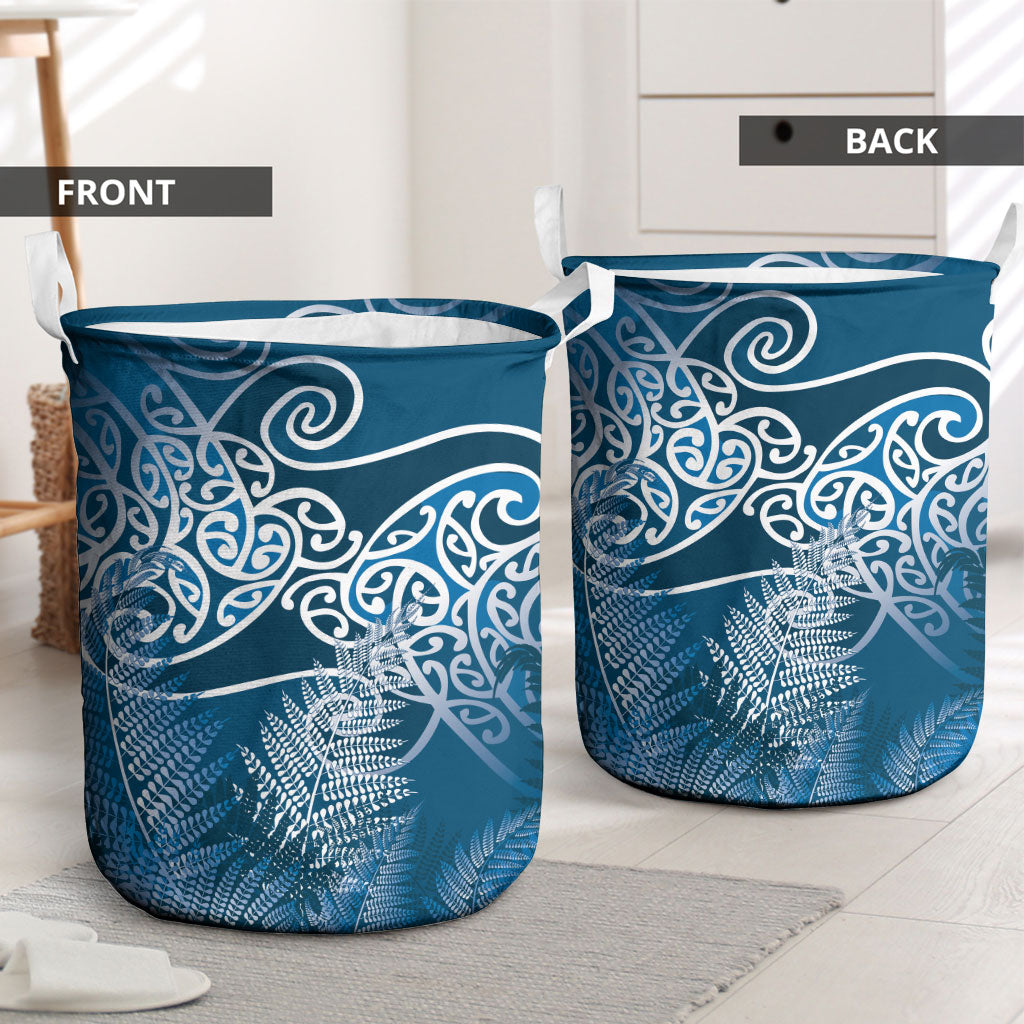 Aotearoa Maori Koru Curves Laundry Basket Silver Ferns - Navy Blue LT7 - Polynesian Pride