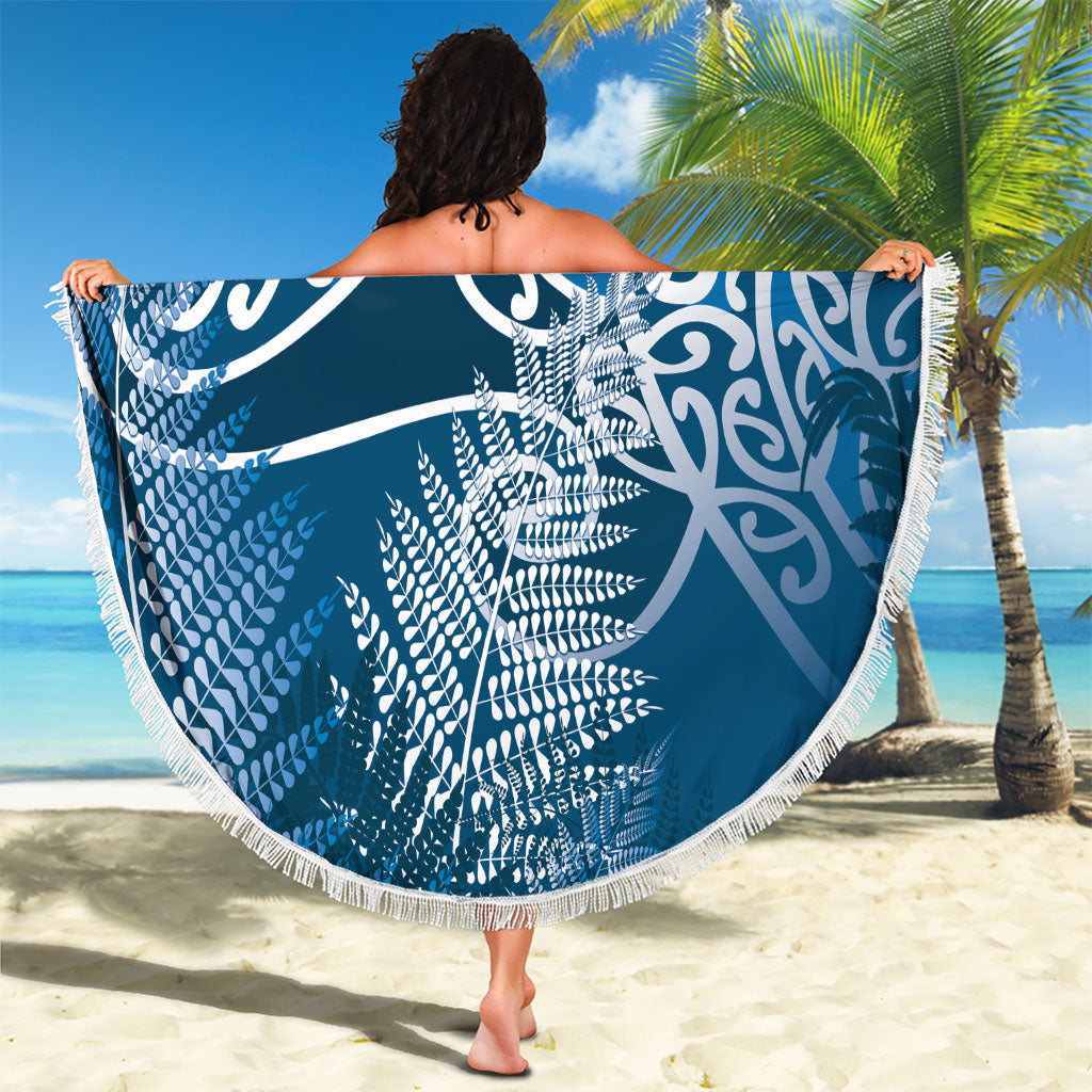 Aotearoa Maori Koru Curves Beach Blanket Silver Ferns - Navy Blue