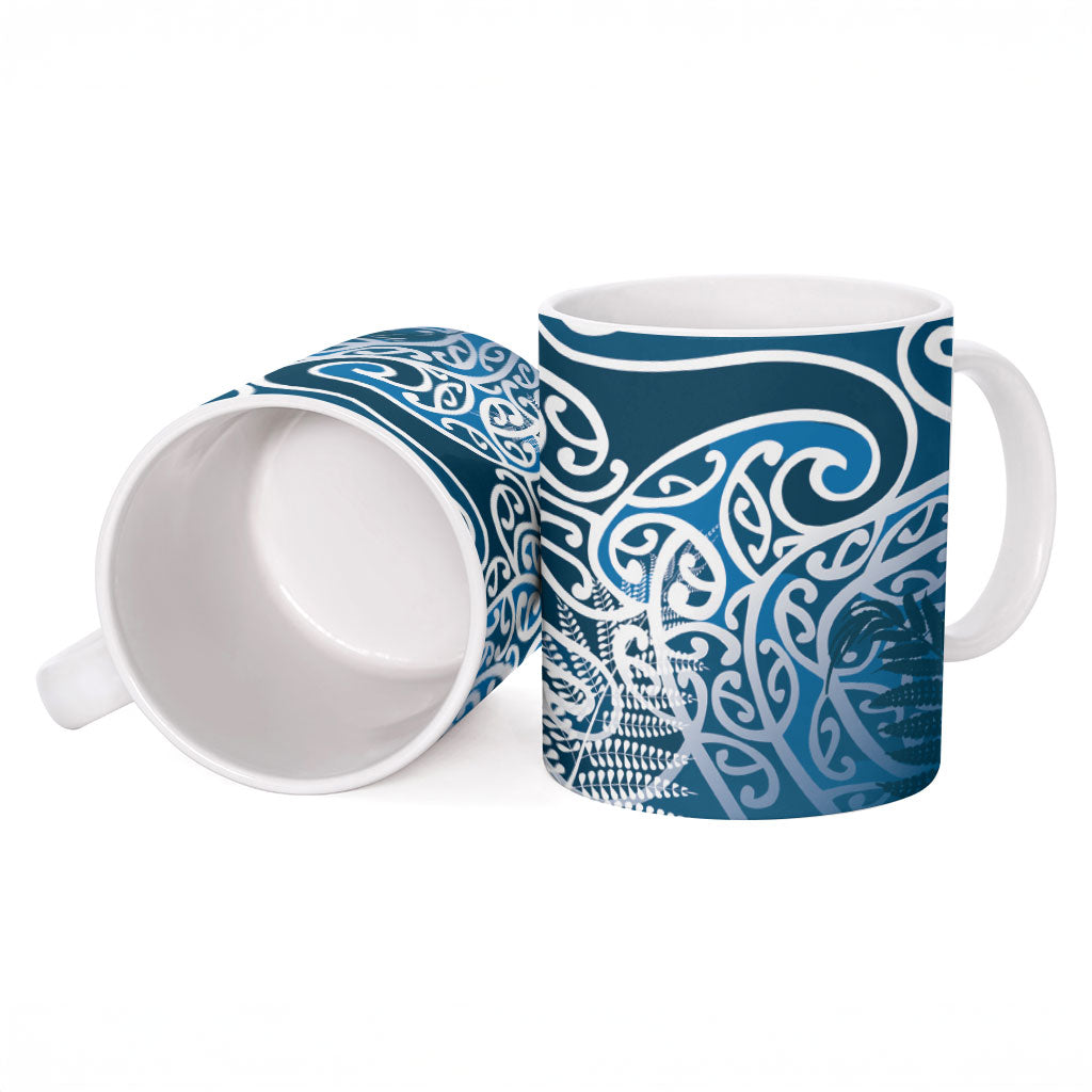 Aotearoa Maori Koru Curves Ceramic Mug Silver Ferns - Navy Blue