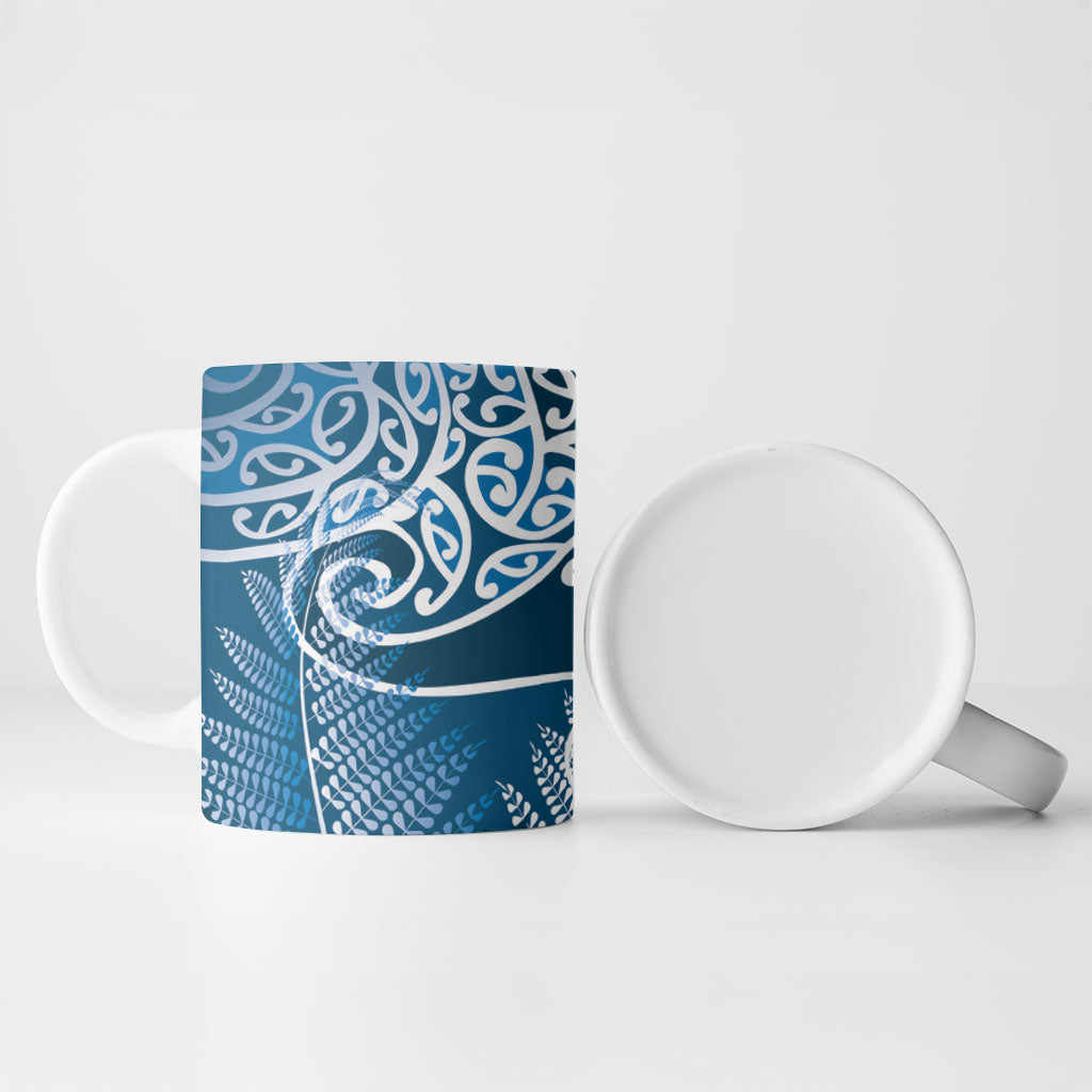Aotearoa Maori Koru Curves Ceramic Mug Silver Ferns - Navy Blue