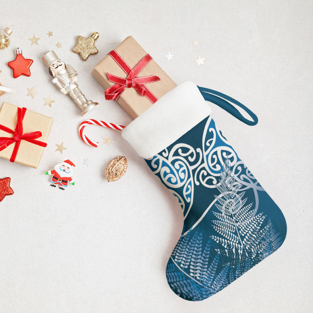 Aotearoa Maori Koru Curves Christmas Stocking Silver Ferns - Navy Blue LT7 - Polynesian Pride