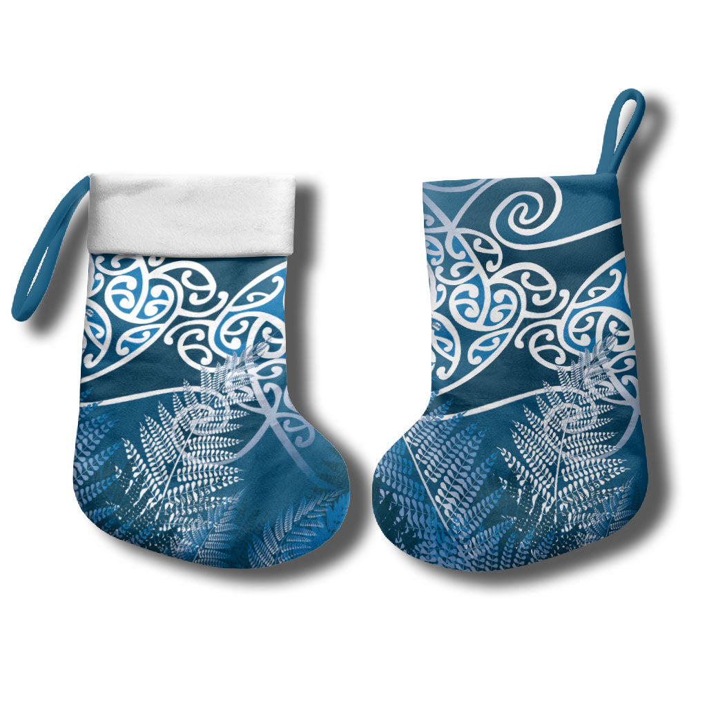 Aotearoa Maori Koru Curves Christmas Stocking Silver Ferns - Navy Blue LT7 - Polynesian Pride