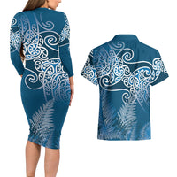 Aotearoa Maori Koru Curves Couples Matching Long Sleeve Bodycon Dress and Hawaiian Shirt Silver Ferns - Navy Blue LT7 - Polynesian Pride