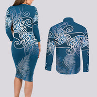 Aotearoa Maori Koru Curves Couples Matching Long Sleeve Bodycon Dress and Long Sleeve Button Shirt Silver Ferns - Navy Blue LT7 - Polynesian Pride