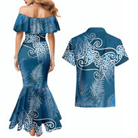 Aotearoa Maori Koru Curves Couples Matching Mermaid Dress and Hawaiian Shirt Silver Ferns - Navy Blue LT7 - Polynesian Pride