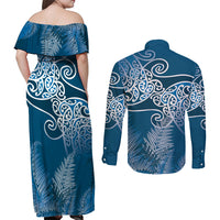 Aotearoa Maori Koru Curves Couples Matching Off Shoulder Maxi Dress and Long Sleeve Button Shirt Silver Ferns - Navy Blue