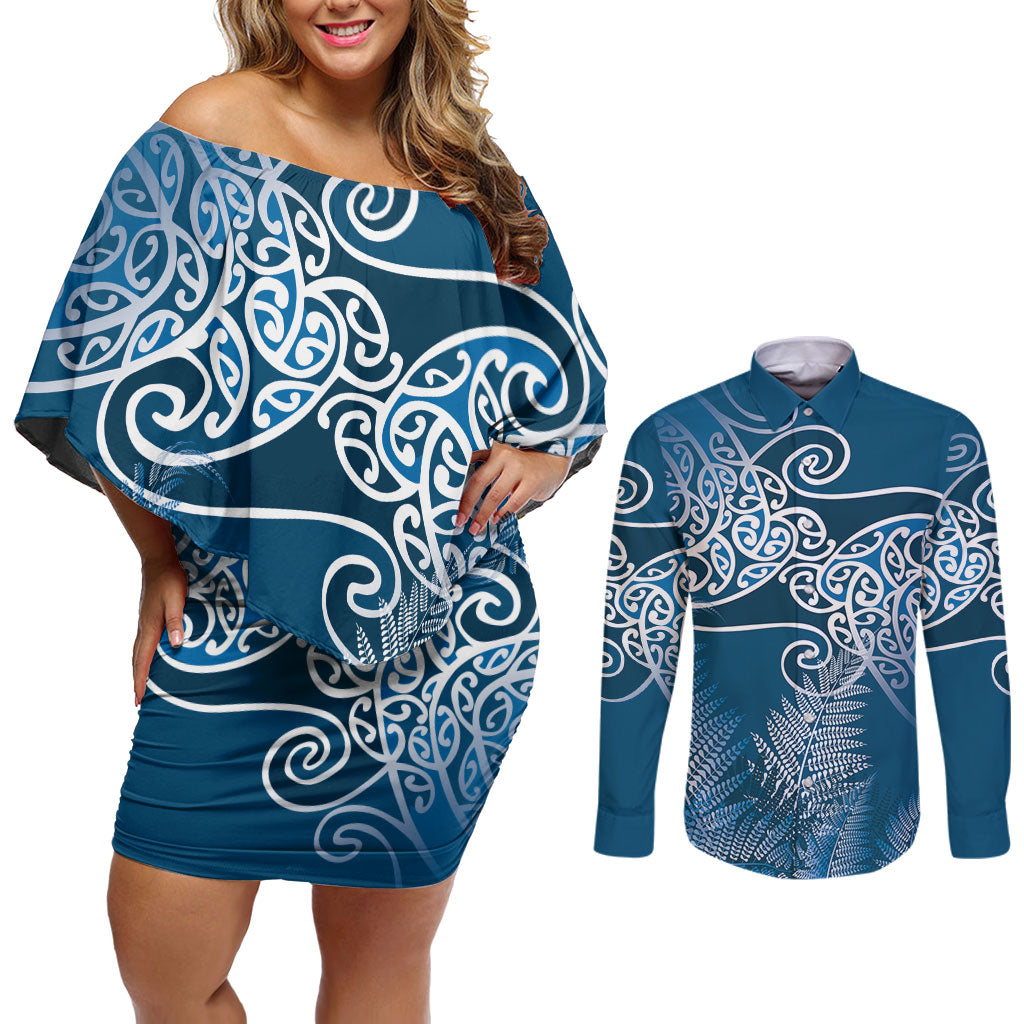 Aotearoa Maori Koru Curves Couples Matching Off Shoulder Short Dress and Long Sleeve Button Shirt Silver Ferns - Navy Blue