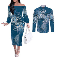 Aotearoa Maori Koru Curves Couples Matching Off The Shoulder Long Sleeve Dress and Long Sleeve Button Shirt Silver Ferns - Navy Blue LT7 Navy Blue - Polynesian Pride