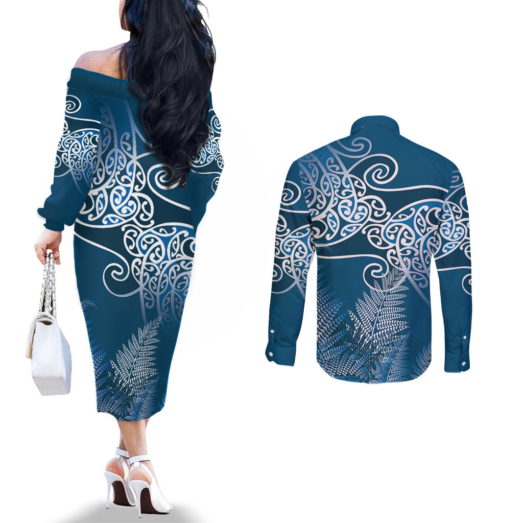 Aotearoa Maori Koru Curves Couples Matching Off The Shoulder Long Sleeve Dress and Long Sleeve Button Shirt Silver Ferns - Navy Blue LT7 - Polynesian Pride