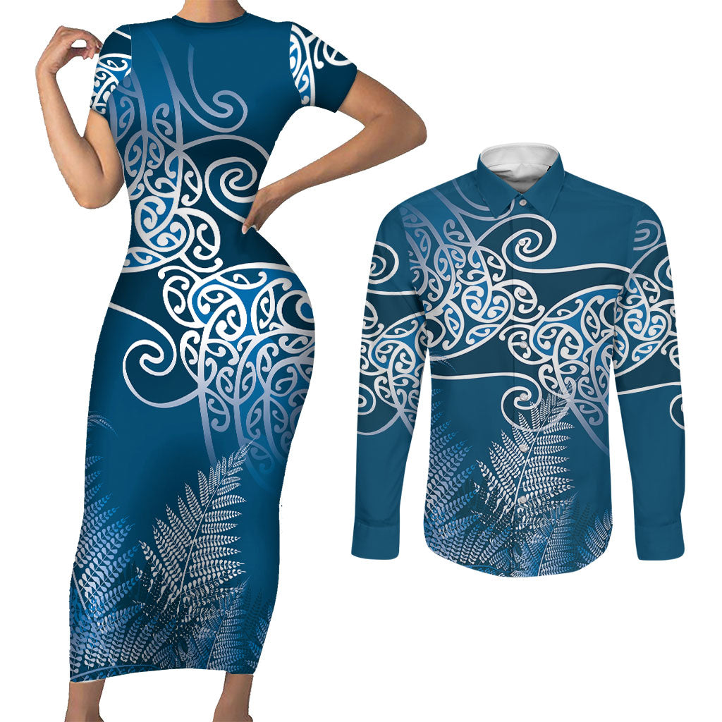 Aotearoa Maori Koru Curves Couples Matching Short Sleeve Bodycon Dress and Long Sleeve Button Shirt Silver Ferns - Navy Blue LT7 Navy Blue - Polynesian Pride