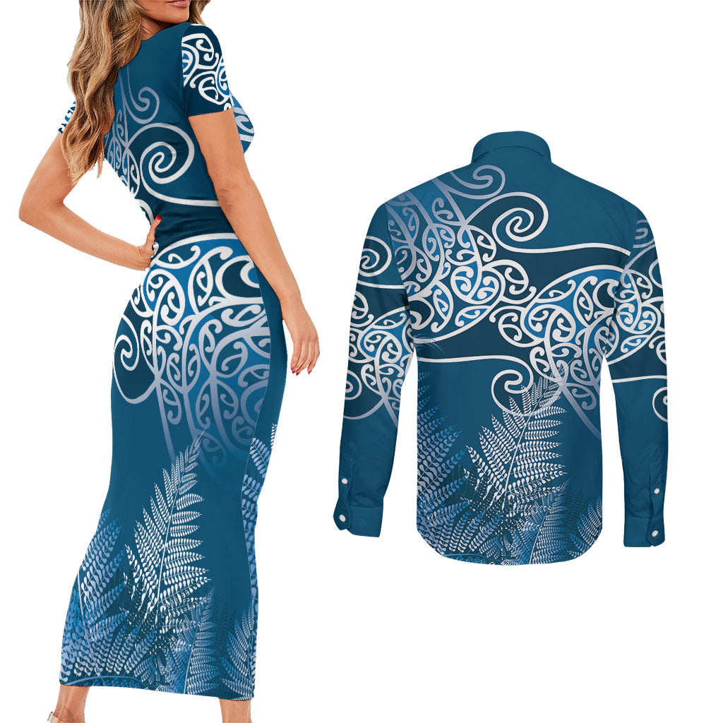 Aotearoa Maori Koru Curves Couples Matching Short Sleeve Bodycon Dress and Long Sleeve Button Shirt Silver Ferns - Navy Blue LT7 - Polynesian Pride