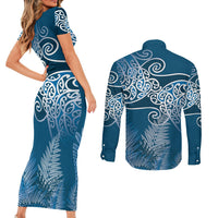 Aotearoa Maori Koru Curves Couples Matching Short Sleeve Bodycon Dress and Long Sleeve Button Shirt Silver Ferns - Navy Blue LT7 - Polynesian Pride