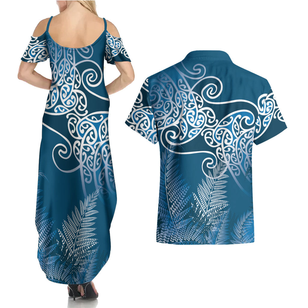 Aotearoa Maori Koru Curves Couples Matching Summer Maxi Dress and Hawaiian Shirt Silver Ferns - Navy Blue LT7 - Polynesian Pride
