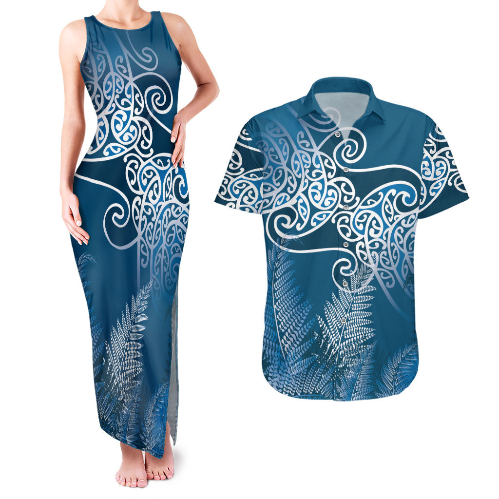 Aotearoa Maori Koru Curves Couples Matching Tank Maxi Dress and Hawaiian Shirt Silver Ferns - Navy Blue LT7 Navy Blue - Polynesian Pride