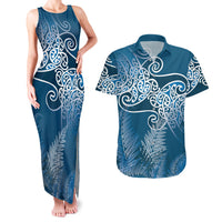 Aotearoa Maori Koru Curves Couples Matching Tank Maxi Dress and Hawaiian Shirt Silver Ferns - Navy Blue LT7 Navy Blue - Polynesian Pride