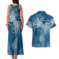 Aotearoa Maori Koru Curves Couples Matching Tank Maxi Dress and Hawaiian Shirt Silver Ferns - Navy Blue LT7 - Polynesian Pride