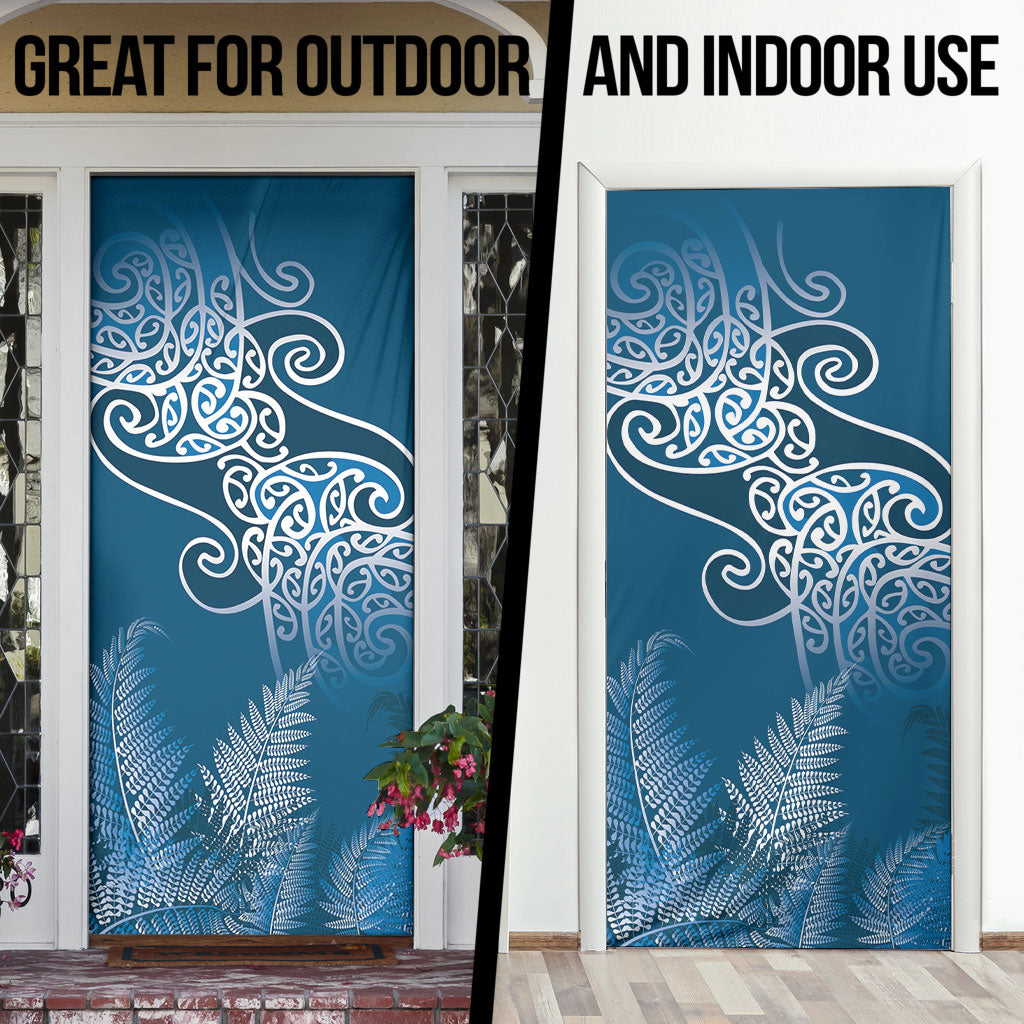 Aotearoa Maori Koru Curves Door Cover Silver Ferns - Navy Blue