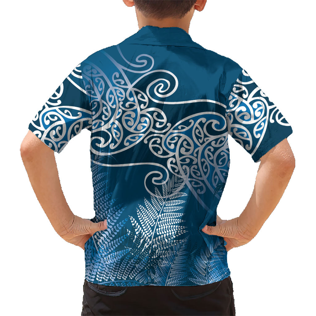 Aotearoa Maori Koru Curves Family Matching Long Sleeve Bodycon Dress and Hawaiian Shirt Silver Ferns - Navy Blue LT7 - Polynesian Pride