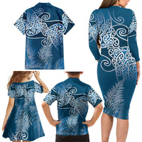 Aotearoa Maori Koru Curves Family Matching Long Sleeve Bodycon Dress and Hawaiian Shirt Silver Ferns - Navy Blue LT7 - Polynesian Pride