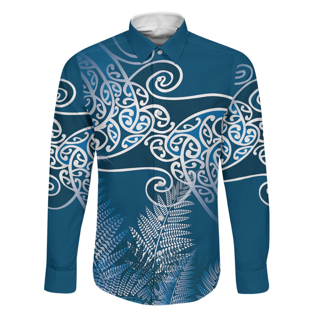 Aotearoa Maori Koru Curves Family Matching Mermaid Dress and Hawaiian Shirt Silver Ferns - Navy Blue LT7 Dad's Shirt - Long Sleeve Navy Blue - Polynesian Pride