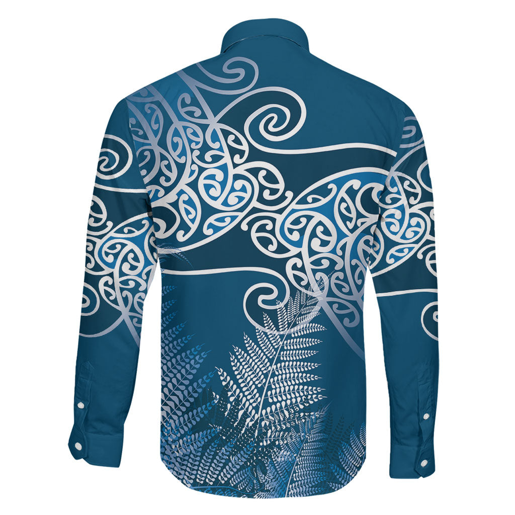 Aotearoa Maori Koru Curves Family Matching Off The Shoulder Long Sleeve Dress and Hawaiian Shirt Silver Ferns - Navy Blue LT7 - Polynesian Pride