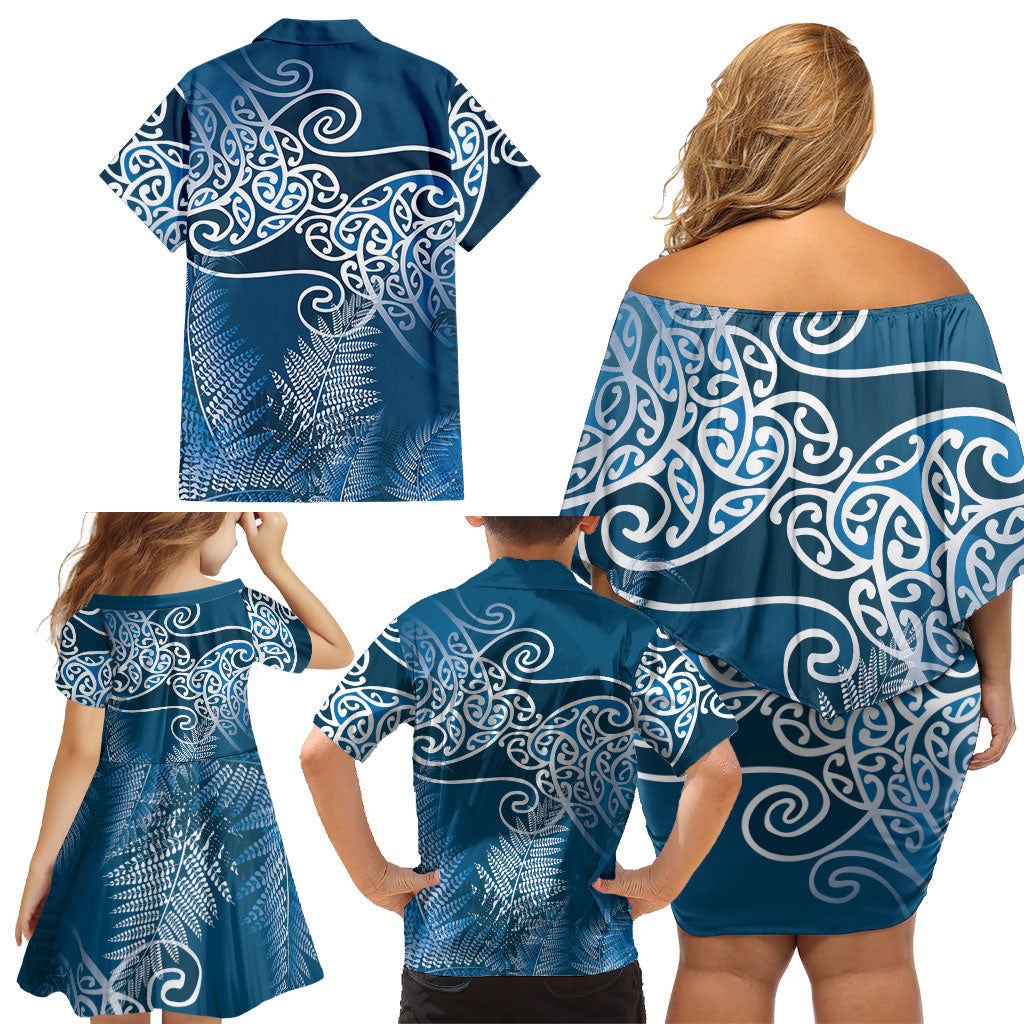 Aotearoa Maori Koru Curves Family Matching Off Shoulder Short Dress and Hawaiian Shirt Silver Ferns - Navy Blue LT7 - Polynesian Pride