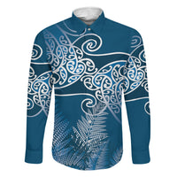 Aotearoa Maori Koru Curves Family Matching Puletasi and Hawaiian Shirt Silver Ferns - Navy Blue LT7 Dad's Shirt - Long Sleeve Navy Blue - Polynesian Pride