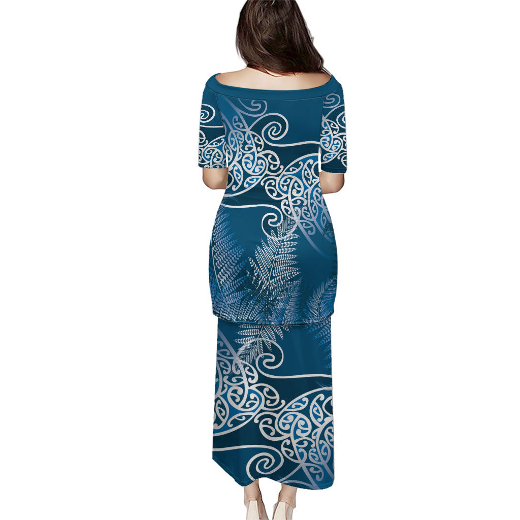 Aotearoa Maori Koru Curves Family Matching Puletasi and Hawaiian Shirt Silver Ferns - Navy Blue LT7 - Polynesian Pride