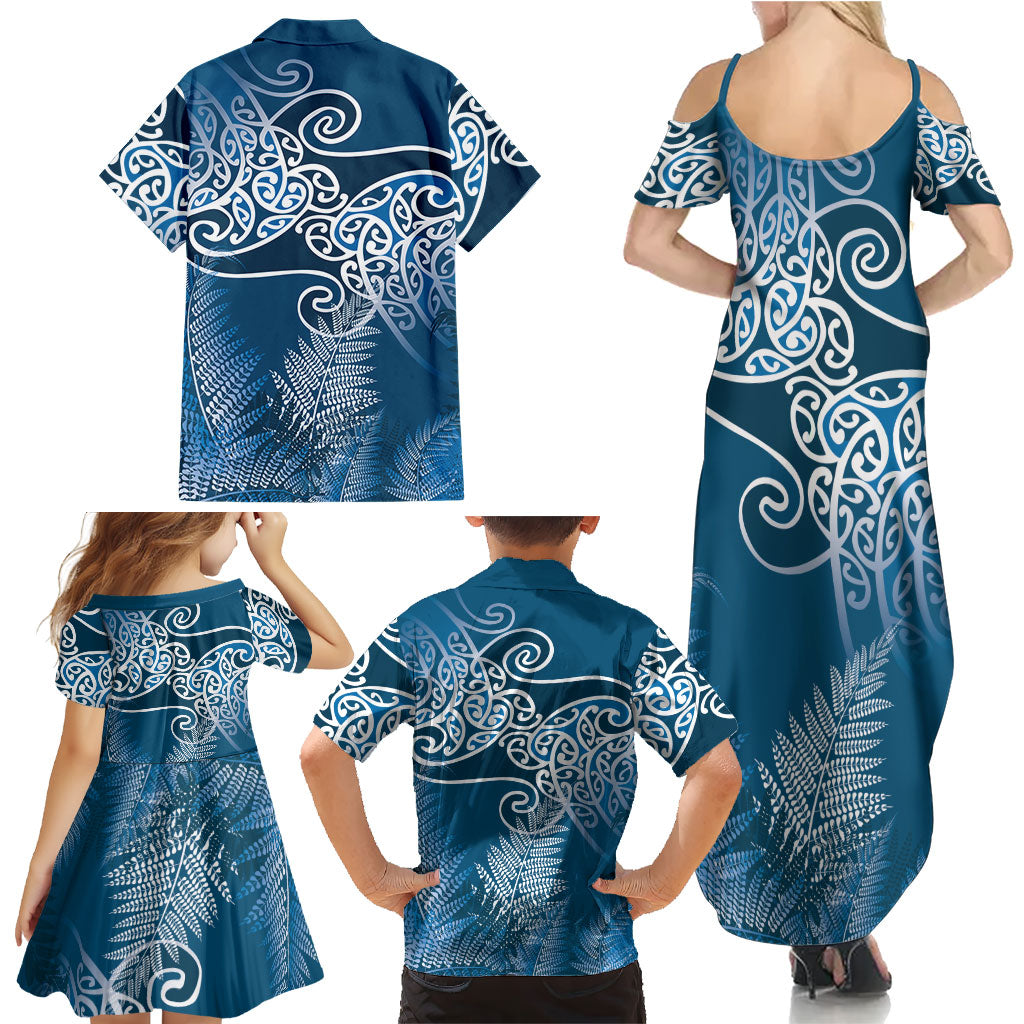 Aotearoa Maori Koru Curves Family Matching Summer Maxi Dress and Hawaiian Shirt Silver Ferns - Navy Blue LT7 - Polynesian Pride