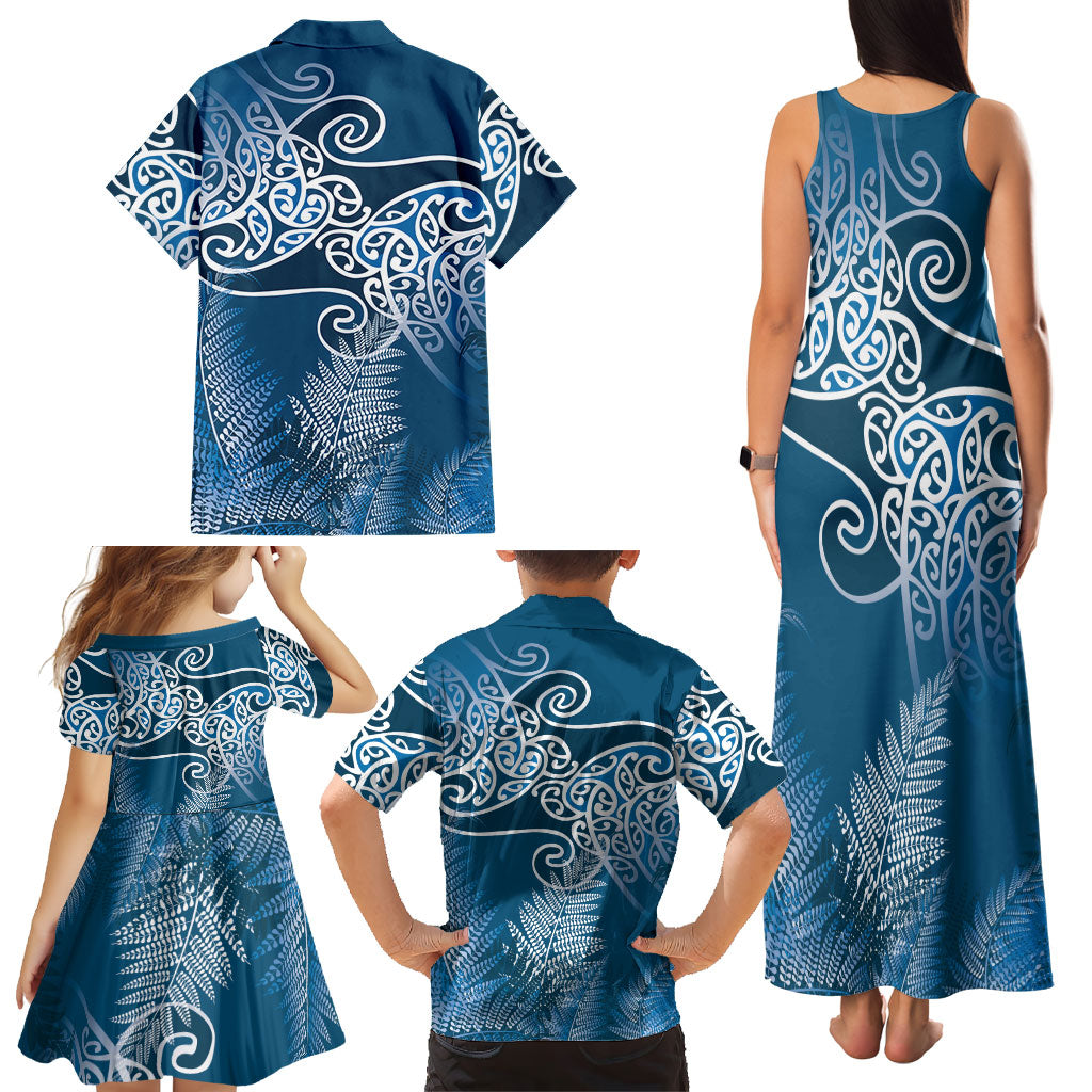 Aotearoa Maori Koru Curves Family Matching Tank Maxi Dress and Hawaiian Shirt Silver Ferns - Navy Blue LT7 - Polynesian Pride