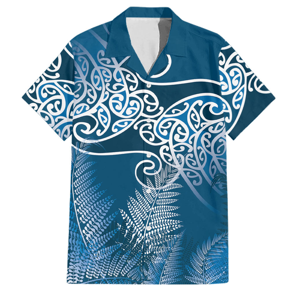 Aotearoa Maori Koru Curves Family Matching Tank Maxi Dress and Hawaiian Shirt Silver Ferns - Navy Blue LT7 Dad's Shirt - Short Sleeve Navy Blue - Polynesian Pride