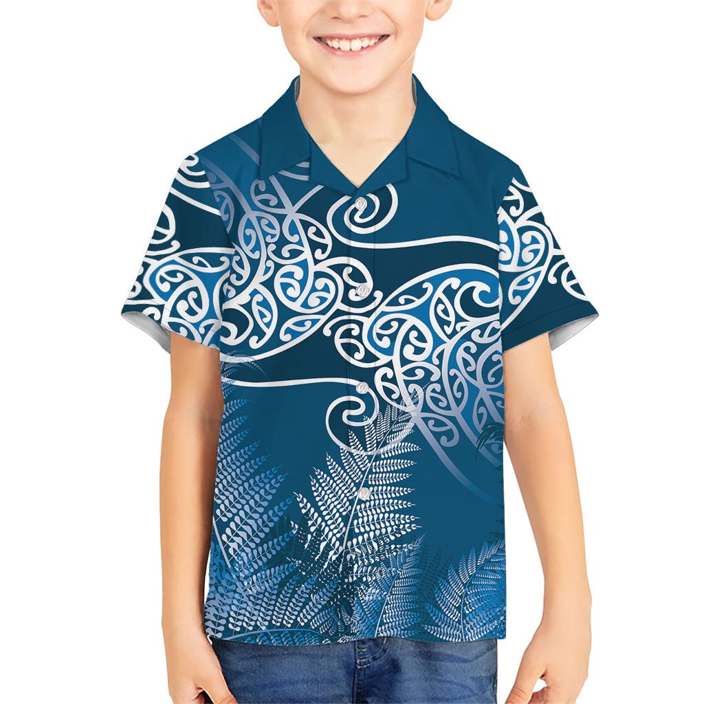 Aotearoa Maori Koru Curves Kid Hawaiian Shirt Silver Ferns - Navy Blue
