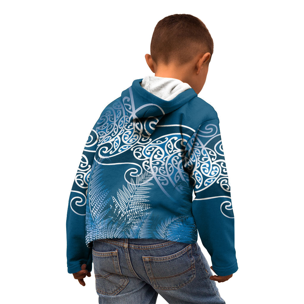 Aotearoa Maori Koru Curves Kid Hoodie Silver Ferns - Navy Blue