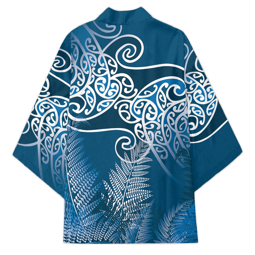 Aotearoa Maori Koru Curves Kimono Silver Ferns - Navy Blue